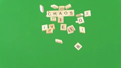 Random letters on tiles thrown in slow motion spelling the word chaos Stock Footage 100693896