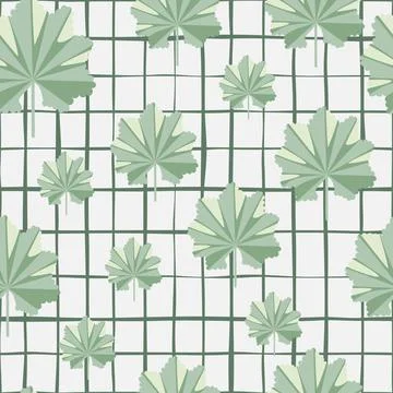 Random light green abstract jungle leaf elements seamless pattern. Grey chequ 스톡 일러스트