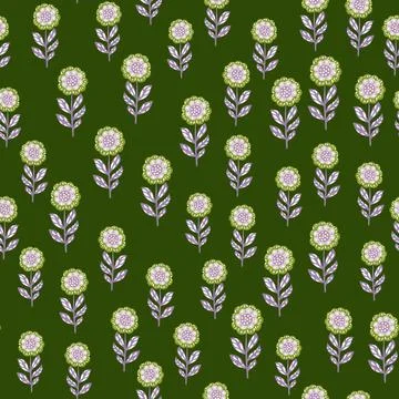 Random little flowers folk elements seamless doodle pattern. Green olive back Illustrazione stock