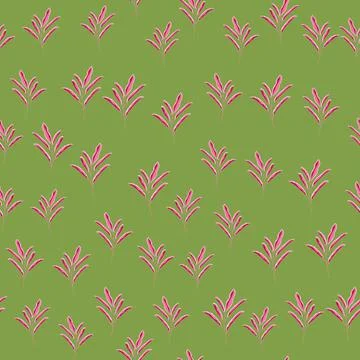 Random little pink minimalistic leaf branches seamless pattern. Green backgro Stock Illustration