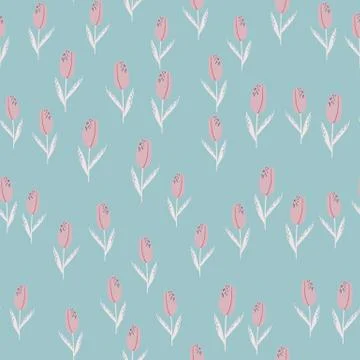 Random little tulips seamless pattern. Hand drawn stylized botanic print on b Stock Illustration