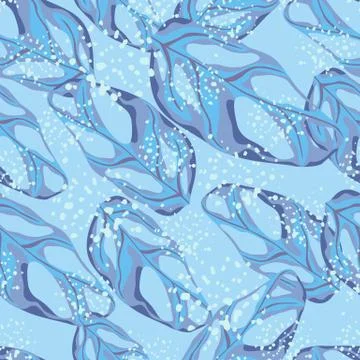 Random monstera leaf ornament seamless pattern. Blue background with splashes Illustrazione stock