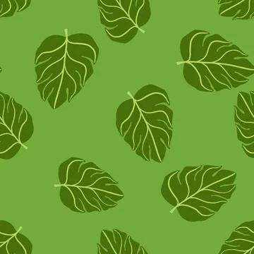 Random nature jungle seamless pattern with doodle monstera leaves ornament. A Illustrazione stock