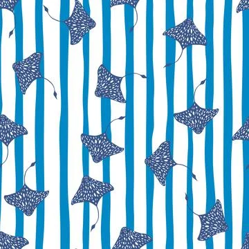 Random navy blue stingray shapes seamless doodle pattern. Blue and white stri Illustrazione stock