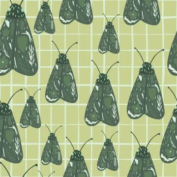 Random night moth print seamless pattern. Butterfly hand drawn green elements 스톡 일러스트