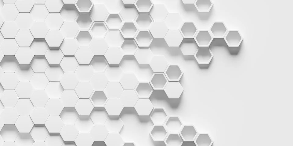 Random offset white cube hexagon honeycomb background, some open with frame.. Illustrazione stock