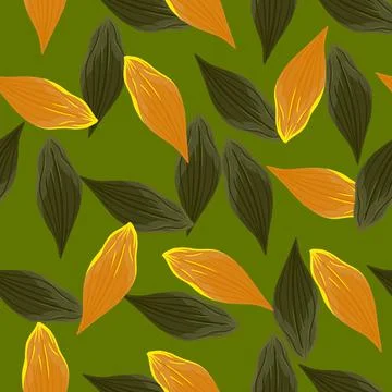 Random orange and green leaf ornament seamless pattern. Green background. Bot Stock Illustration