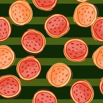 Random orange and pink colored watermelon slice shapes seamless pattern. Dark イラスト素材
