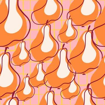 Random orange contoured pear fruit shapes seamless doodle pattern. Pink backg Illustrazione stock