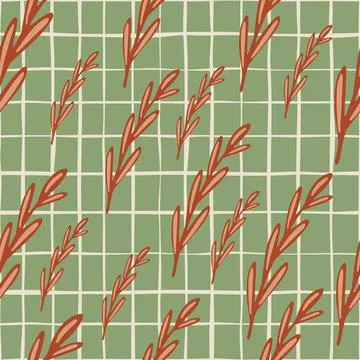 Random orange herbal twigs seamless pattern in hand drawn style. Pastel green Illustrazione stock