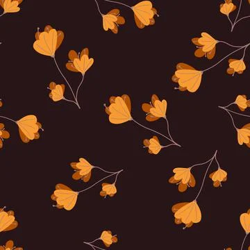 Random orange naive flowers elements seamless pattern. Maroon dark background Stockillustratie