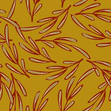 Random outline maroon contoured branches elements seamless pattern. Ocher bac Stock Illustration