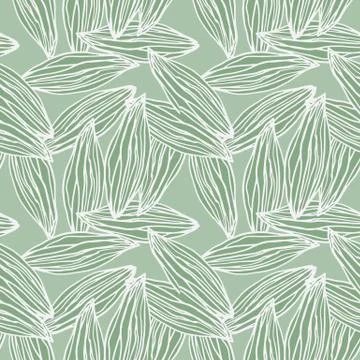 Random pale green leaf abstract outline seamless pattern. Light contoured bot Illustrazione stock