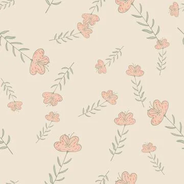Random pale seamless pattern with hand drawn wildflowers ornament. Pink and g Stock Illustration