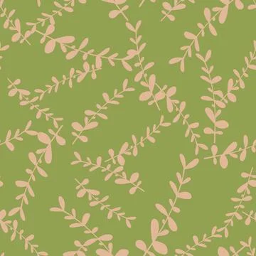 Random pastel pink colored eucalyptus branches shapes print. Green background Stock Illustration