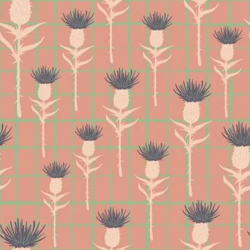 Random pastel seamless burdock pattern. Soft purple bud flowers on pale pink  Illustrazione stock