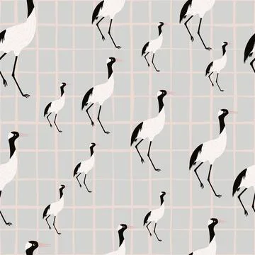 Random pastel tones seamless pattern with white crane bird ornament. Blue pas Stock Illustration