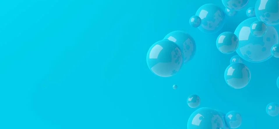 Random pattern of blue drop spheres floating in front of cyan wall background Illustrazione stock