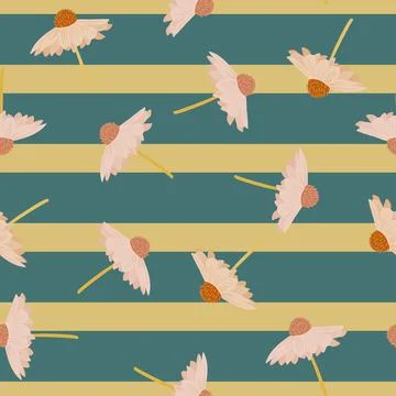 Random pink gerbera flowers elements seamless doodle pattern. Turquoise strip 스톡 일러스트