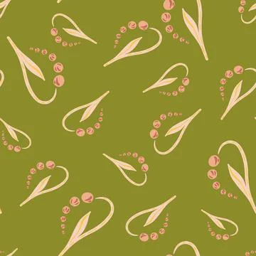 Random pink lily of the valley elements seamless doodle pattern. Green backgr Stock Illustration