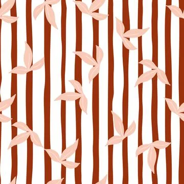 Random pink minimalistic leaf ornament seamless pattern. Red and white stripe Stockillustratie
