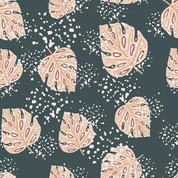 Random pink monstera leaf ornament seamless doodle pattern. Tropic foliage pr Illustrazione stock