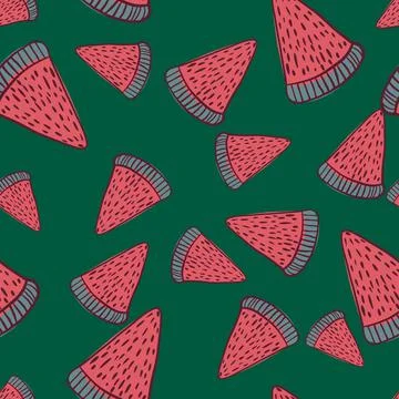 Random pink watermelon shapes seamless doodle pattern. Green background. Orga Stockillustratie