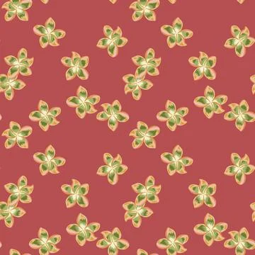 Random plumeria flower seamless pattern on red background. Illustration