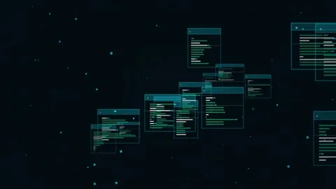 Random programming code abstract data windows floating on dark digital Video stock 346708851