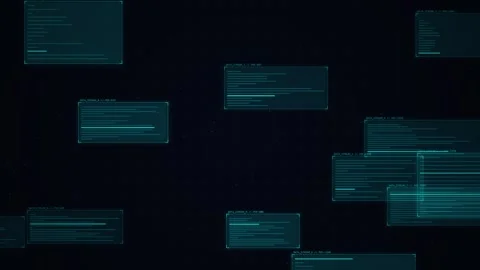 Random programming code digital interface with scrolling data windows on a da Video stock 346708977