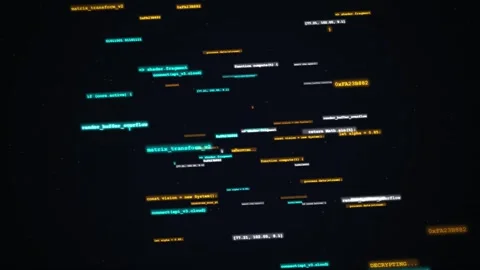 Random programming code floating in a digital space with glowing text and dat 스톡 동영상 346708978