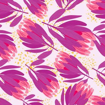 Random purple and pink protea flowers hand drawn seamless pattern. Isolated p Stock Illustration