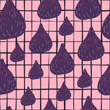 Random purple figs seamless doodle pattern. Pink background with check. Carto Stock Illustration
