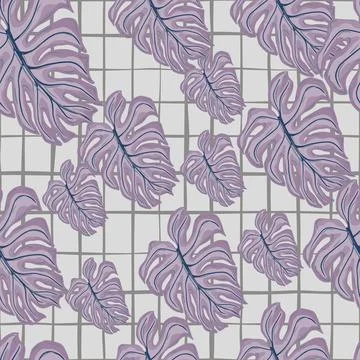 Random purple palm monstera leaf seamless doodle pattern. Grey chequered back Illustrazione stock