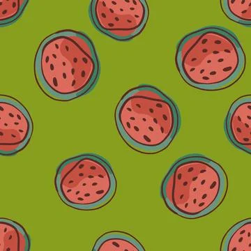 Random red watermelon slices seamless doodle pattern. Green background. Red b Stockillustratie