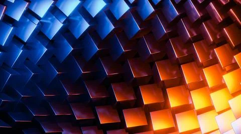 Random rotating metal cubes. 3D rendering illustration. Illustrazione stock