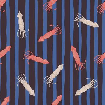 Random seafood seamless pattern with marine red and light squids. Striped blu Illustrazione stock