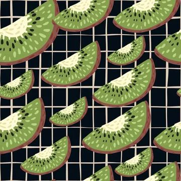 Random seamless abstract pattern with green kiwi slices elements. Black chequ Illustrazione stock