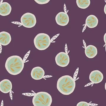 Random seamless abstract pattern with pastel green apples elements. Purple ba Stock Illustration