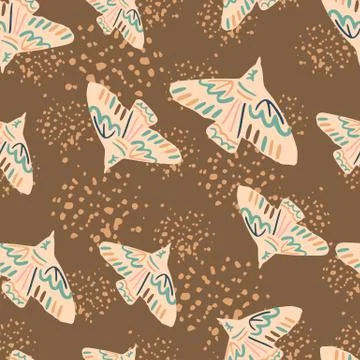 Random seamless bird silhouettes pattern. Brown background with splashes. Lig Stock Illustration