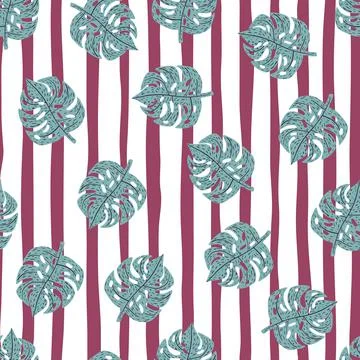 Random seamless botanic pattern with blue palm monstera leaves. White and pin 스톡 일러스트