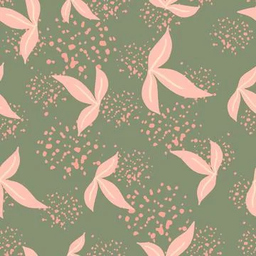 Random seamless botanic pattern with pink simple leaf ornament. Green backgro イラスト素材