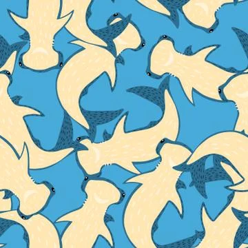 Random seamless bright marine pattern with hammerhead sharks. Blue background Illustrazione stock