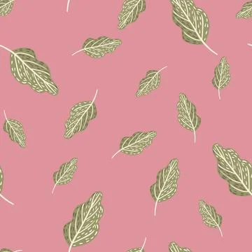 Random seamless bright pattern with green creative oak leaves shapes. Pink ba Illustrazione stock