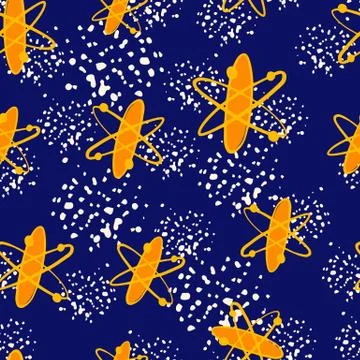 Random seamless bright pattern with prange molecule formula elements. Navy bl 스톡 일러스트