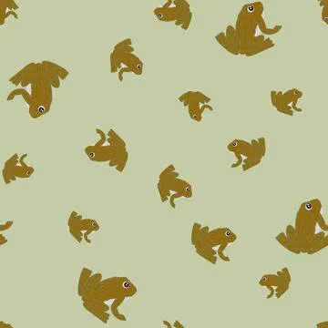 Random seamless cartoon style pattern with doodle brown frogs shapes. Light g イラスト素材