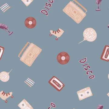 Random seamless disco pattern with doodle ball, microphone, rollers, cassette Stock Illustration