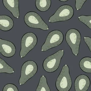 Random seamless doodle pattern with avocado half shapes. Pale purple backgrou Illustrazione stock