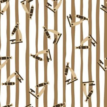 Random seamless doodle pattern with beige microscope silhouettes. Striped bac 库存插图