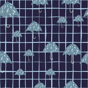 Random seamless doodle pattern with blue umbrella ornament. Navy blue chequer Illustrazione stock
